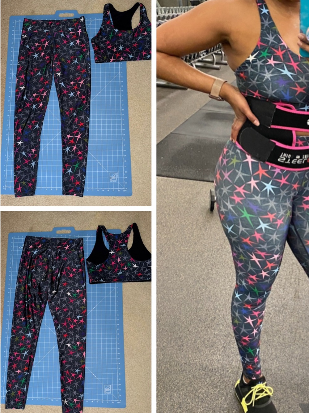 Terez Starburst Print Leggings & Sports Bra Set - Black with Multicolor Stars